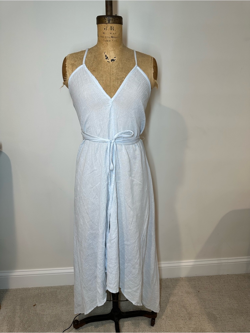 Light Blue Midi Slip Dress with Self Tie Waist